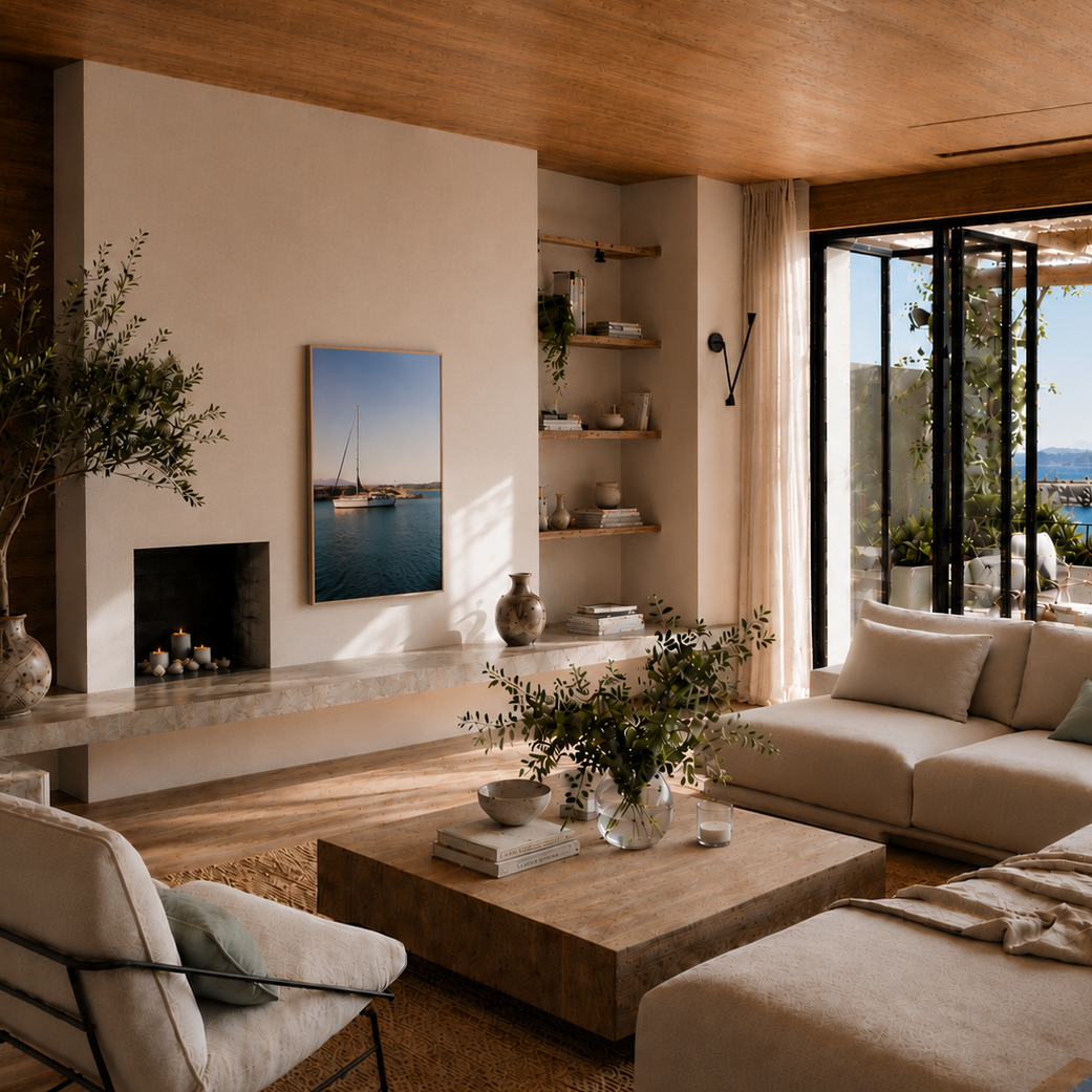Modern living room with a view of the ocean