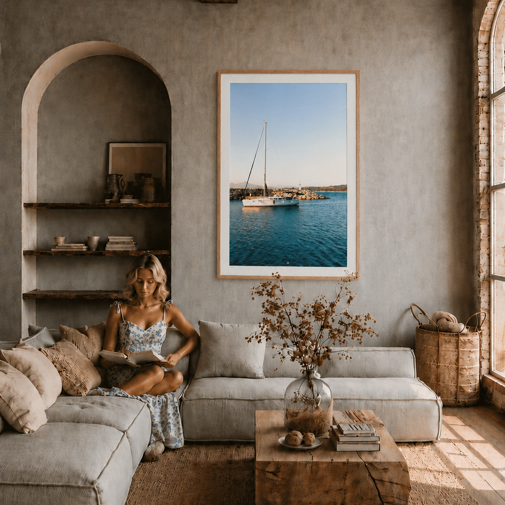 Woman sitting on a couch in a cozy living room with a large framed picture of a sailboat.