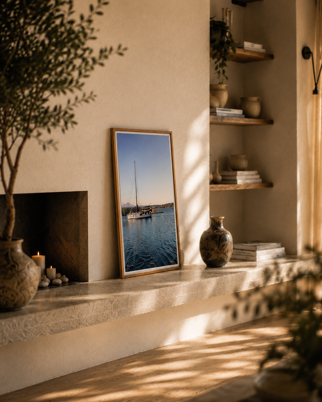 Framed picture on a shelf with decorative items in a home setting