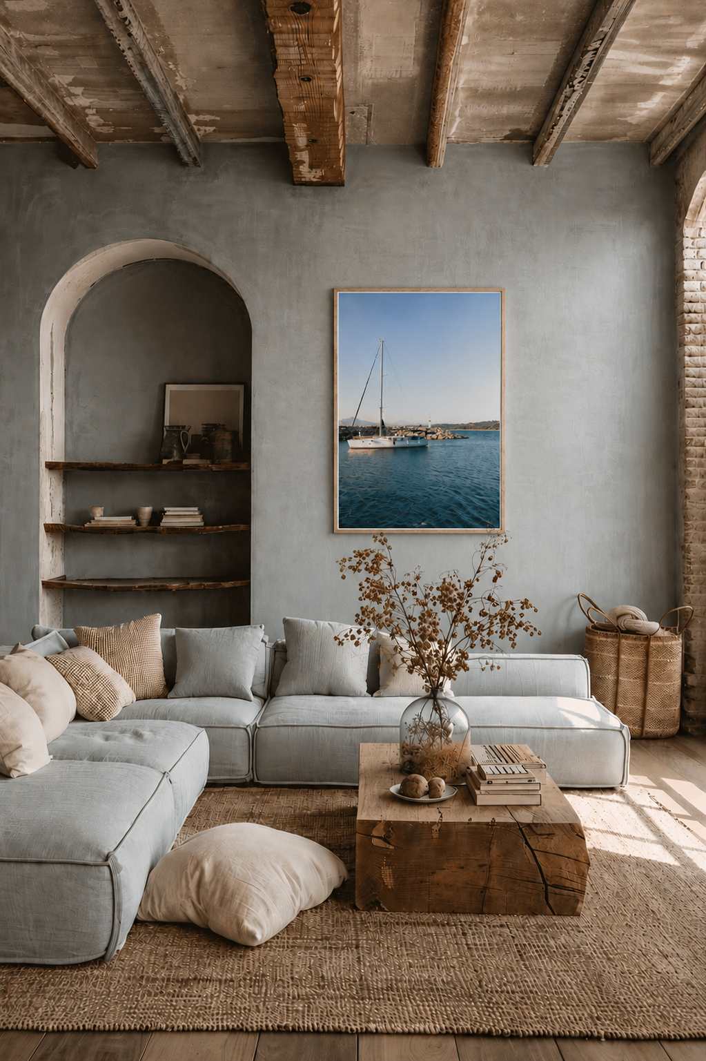 Cozy living room with a sectional sofa, wooden coffee table, and a large wall art of a sailboat.