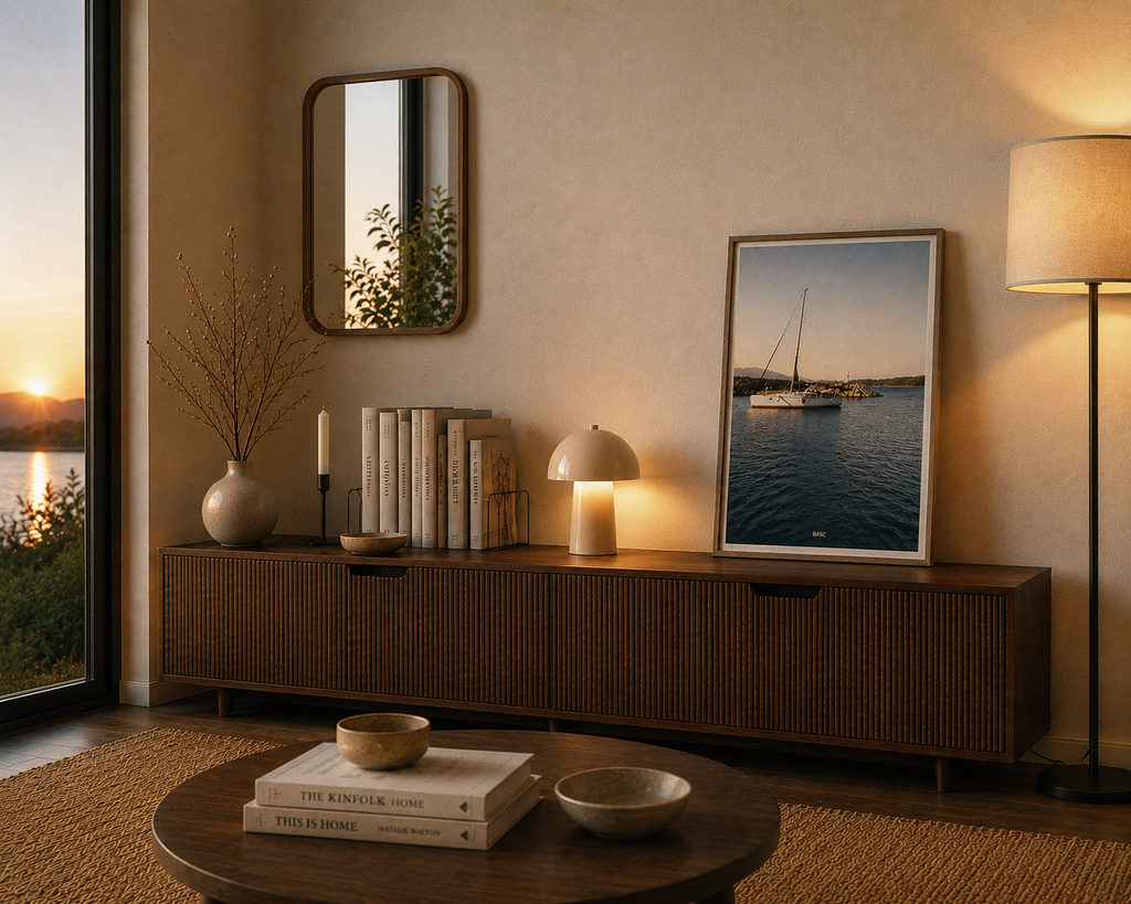 Living room with wooden sideboard, mirror, lamp, and decor items.