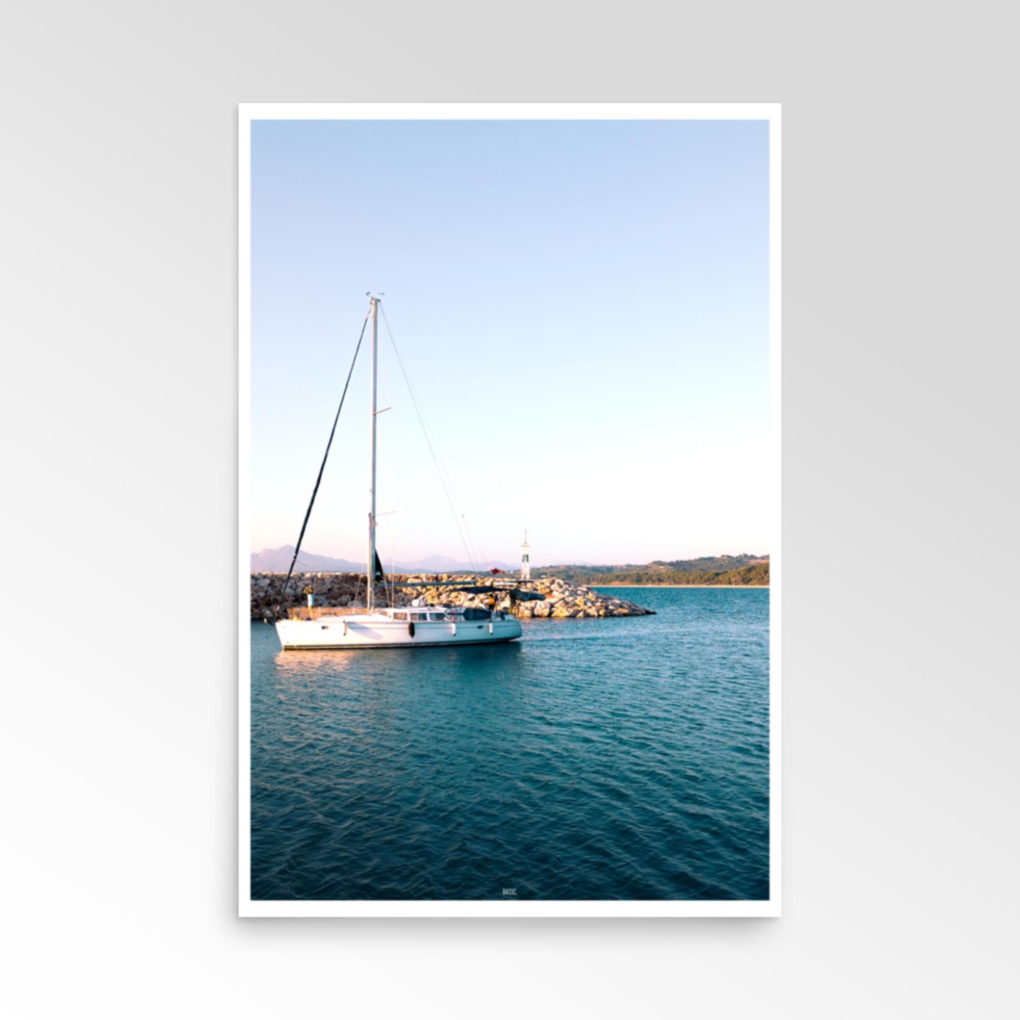 White yacht on calm blue water poster